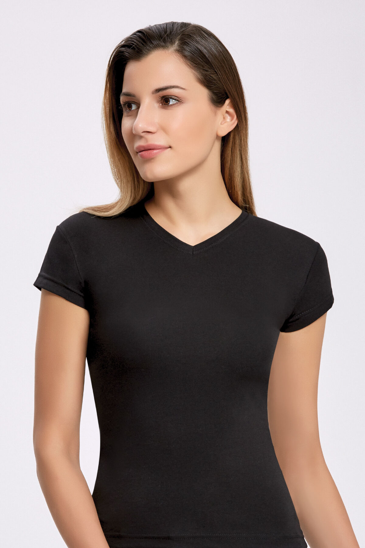 Elastan Siyah V Yaka T-shirt - 1